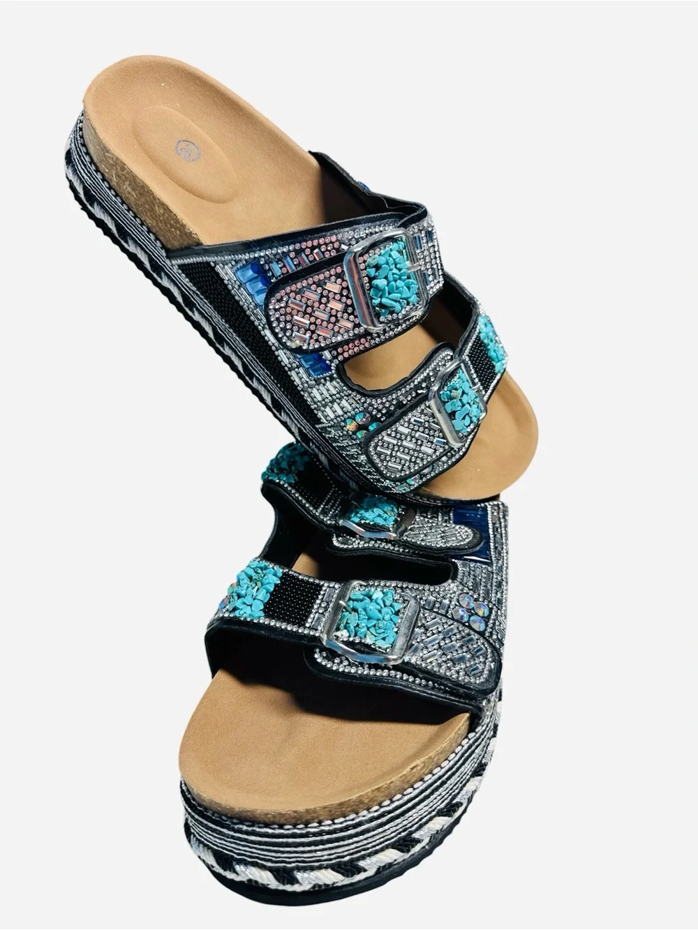 Women's Bohemian Beaded Rhinestone Double Buckle Platform Slide Sandals